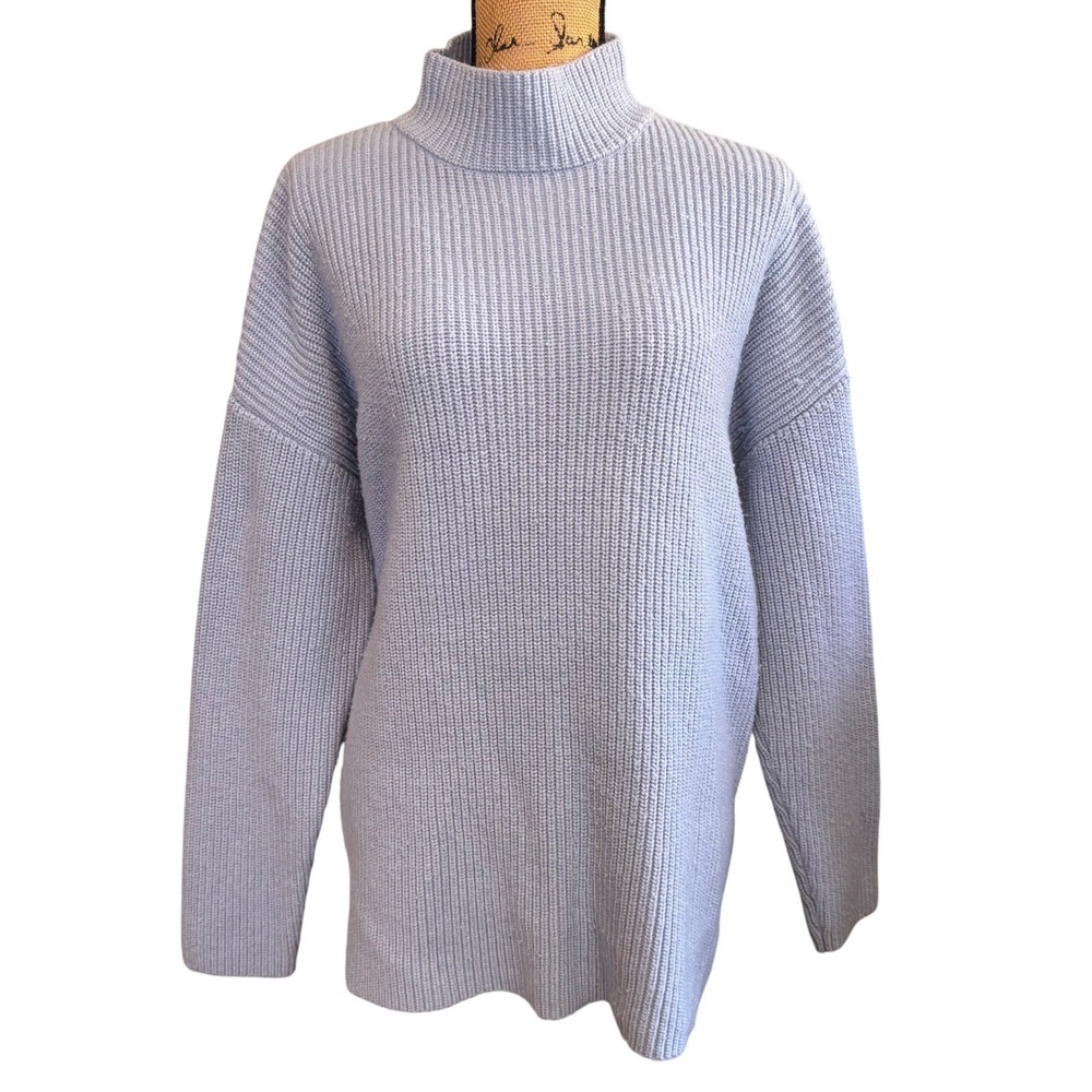 Suboo Womens Oversized Wool Blend Preppy Mock Neck Ribbed Sweater Blue Medium